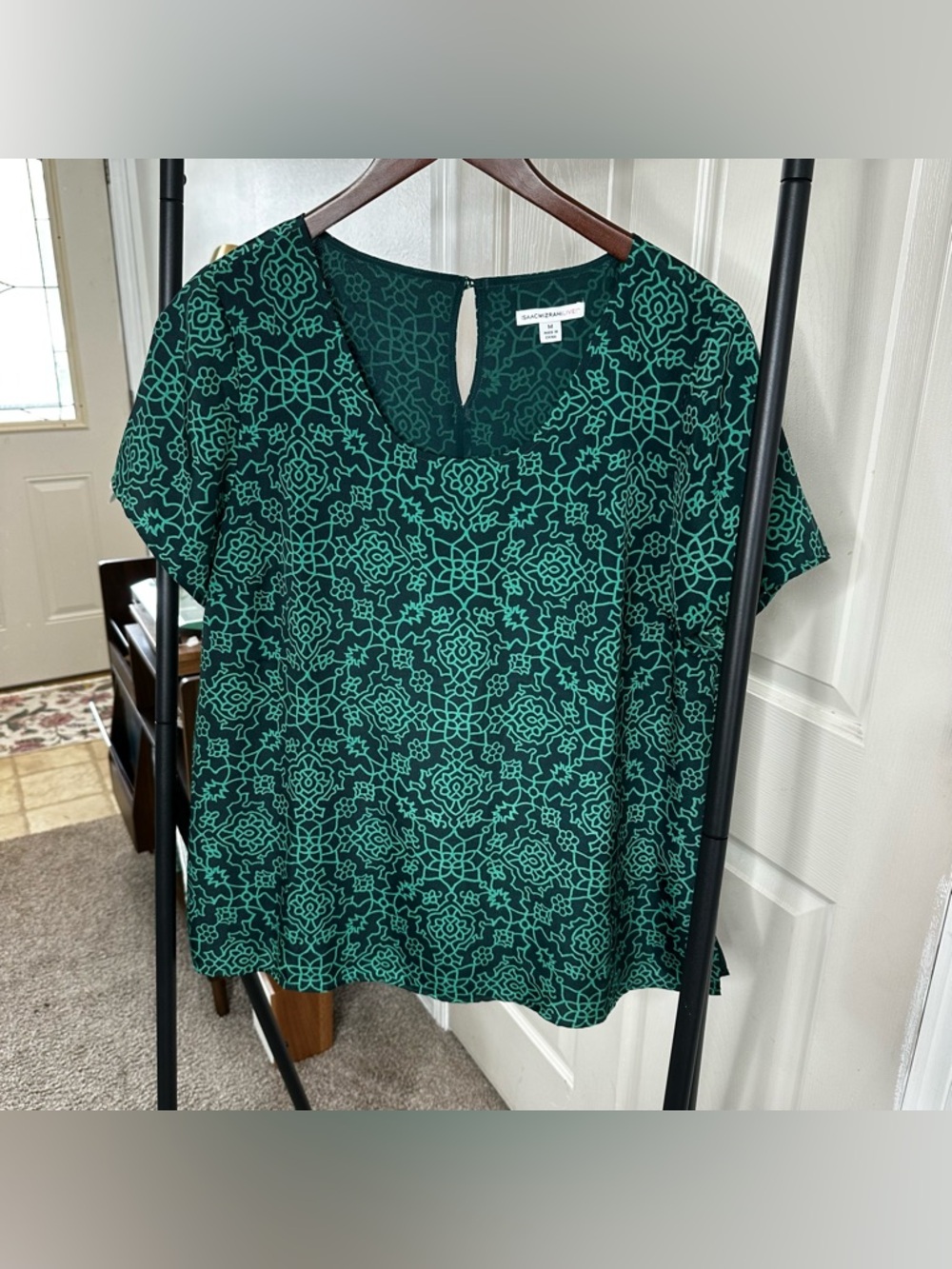 Isaac Mizrahi Green Floral Geometric Short-Sleeve Blouse 🛞
